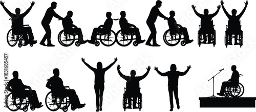 Wheelchair inclusion silhouettes, disability support, empowerment concept, celebration scene, accessible interaction, motivational illustration, advocacy design, diverse achievement, flat vector