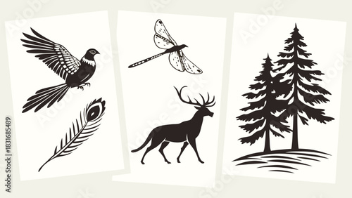 Vector illustration collection of black and white nature illustrations featuring a bird, feather, deer, dragonfly, and pine trees