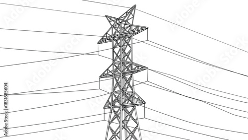 Isometric CAD wireframe drawing of a single high voltage electrical power transmission tower and lines, detailed industrial infrastructure vector illustration for engineering and utility projects.