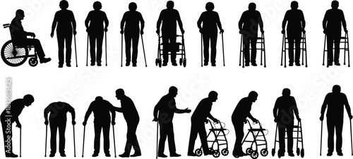 Elderly people silhouettes, mobility aids, wheelchair, cane, walker, aging support, senior care, independence illustration, healthcare concept, flat vector
