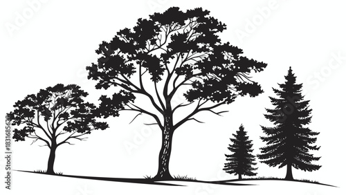 Vector illustration black and white silhouette illustration of various deciduous and coniferous trees
