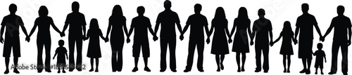 Diverse people silhouettes, holding hands, unity concept, community connection, family togetherness, social bond illustration, inclusive group design, flat vector