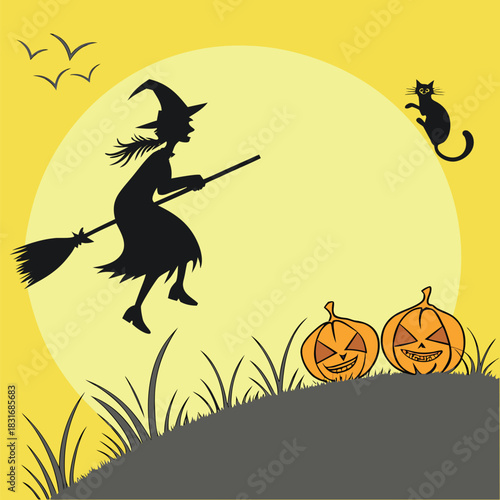 Vector illustration silhouette of a witch flying on a broomstick against a large yellow moon with jack o lanterns below