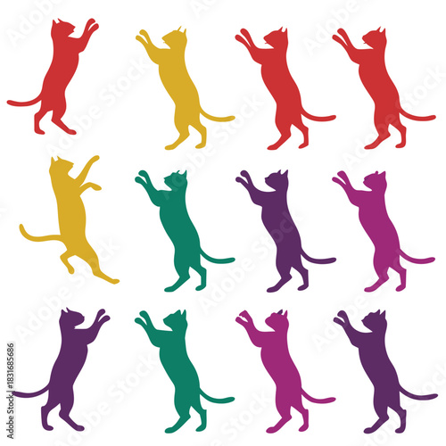 Vector illustration collection of twelve colorful cat silhouettes standing on hind legs reaching upwards