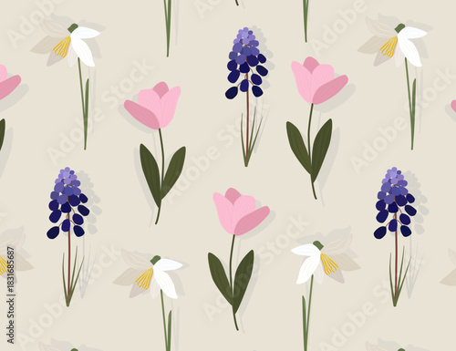 Fotografija Seamless spring bulb flowers pattern with tulips, grape hyacinth muscari and daffodils