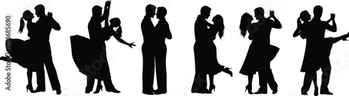 Dancing couple silhouettes, elegant poses, romantic movement, expressive gesture, dance styles illustration, partner interaction concept, graceful motion design, flat vector
