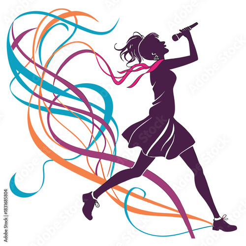 Vector illustration silhouette of a female singer performing with a microphone, dynamic colorful ribbons flowing from her hair