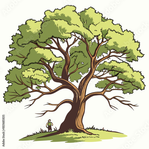Vector illustration a large, mature oak tree with a sprawling canopy of green leaves and thick, winding branches