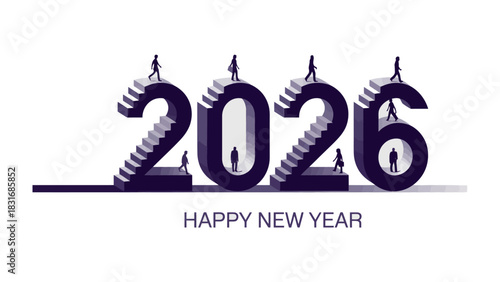 2026: Steps to a New Year's Success: An artistic visualization of progress. Featuring people climbing upward steps towards the year 2026, creating an optimistic outlook for new beginnings