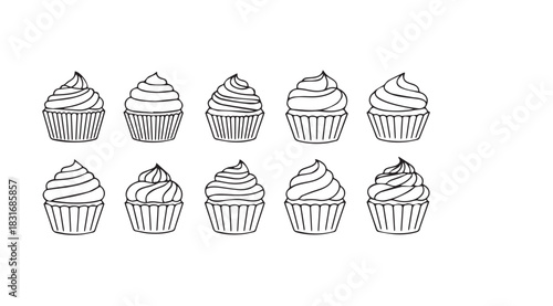 Collection of ten hand drawn cupcake silhouettes in a clean simple style silhouette