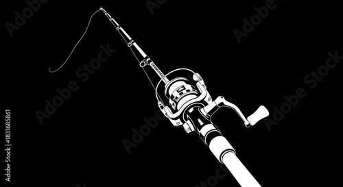 Fishing Rod and Reel Silhouette White Vector on Black Background