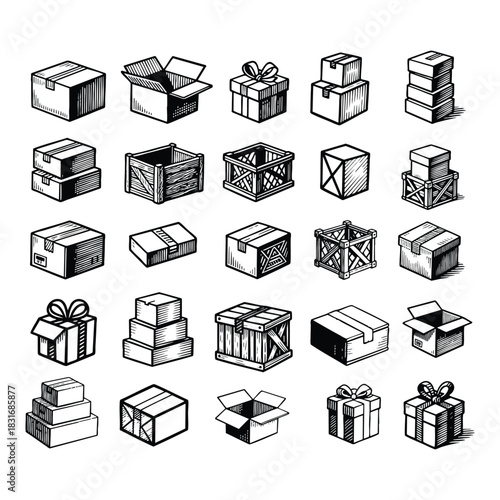 A vast collection of hand-drawn vintage-style illustrations featuring various shipping, packaging, and storage containers, including cardboard boxes
