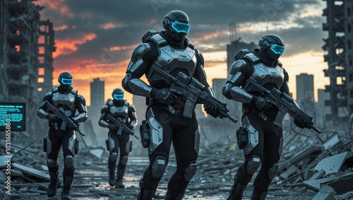 Futuristic soldiers patrol a war-torn city with advanced weaponry and armor