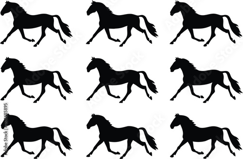 Nine silhouettes of horses in motion on a white background