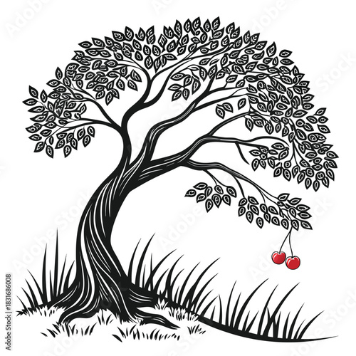 Vector illustration black and white illustration of a mature cherry tree with two ripe cherries hanging from a branch