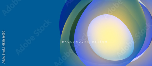 Abstract design features layered circles, vibrant blues, yellows. Modern aesthetic, clean lines, suitable background element.