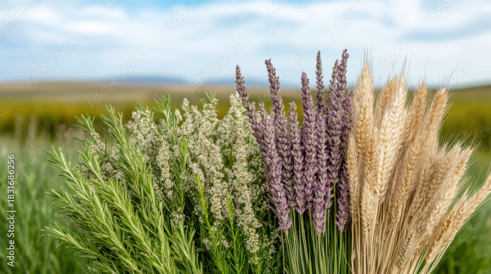 Obraz premium Fresh rosemary lavender wheat and wildflower bouquet in natural field scene