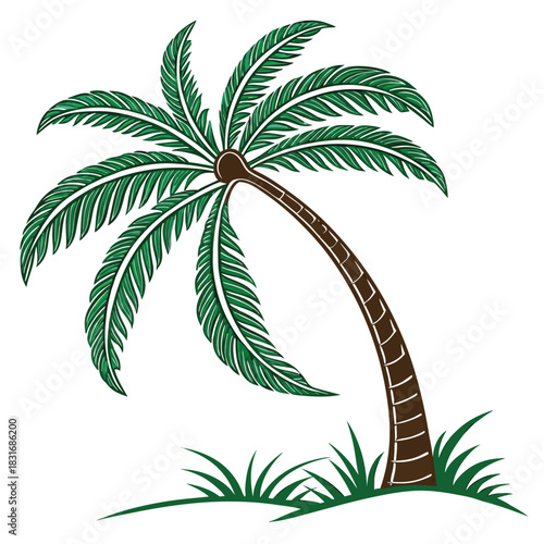 Vector illustration stylized illustration of a curved palm tree with green fronds and brown trunk
