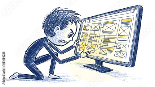 Frustrated Cartoon Character Interacting with Computer Screen Design and Wireframes - Illustration