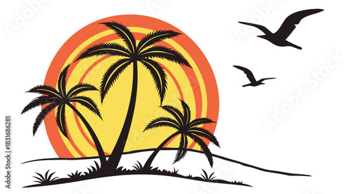 Vector illustration silhouette of three palm trees against a vibrant orange and yellow sunset with two birds flying