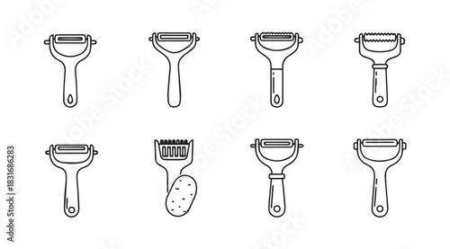 Collection of eight kitchen vegetable peelers in a simple line drawing silhouette style