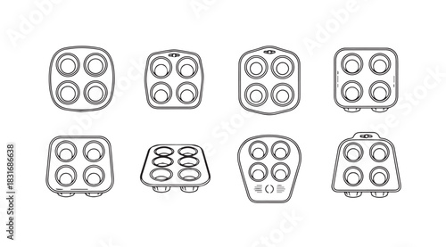 Collection of eight different shaped baking molds for muffins or cupcakes silhouette