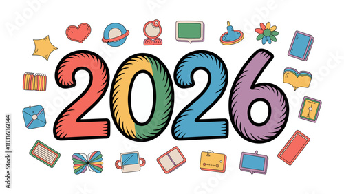 Year 2026 Illustration: A vibrant and whimsical illustration of the year 2026, surrounded by a colorful assortment of playful icons. Each element contributes to a sense of optimism.