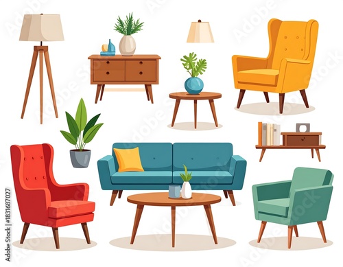 Colorful cartoon furniture set against a white background, showcasing varied seating and storage options