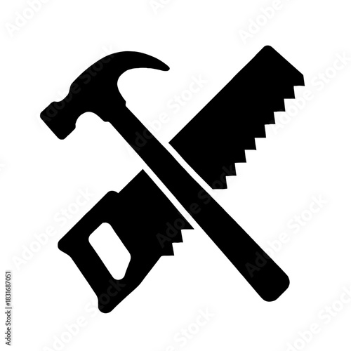 Crossed hammer and hand saw icon silhouette carpentry construction tools