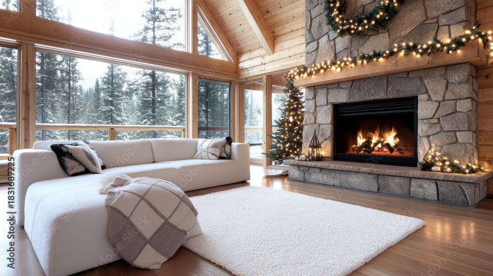 Obraz premium Cozy cabin fireplace corner glowing holiday light wreath garland