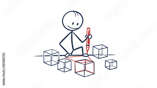Stick figure creatively constructing a geometric structure with a red pencil, surrounded by cubes