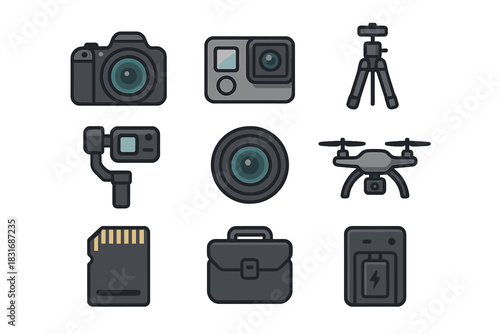 Photography Gear Icons. Flat icon set of photography gear: DSLR camera, action cam, tripod, gimbal, camera