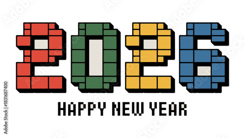 Pixelated New Year: A vibrant and modern representation of the upcoming year, constructed from colorful blocks, embodying the spirit of fresh beginnings and optimistic anticipation.