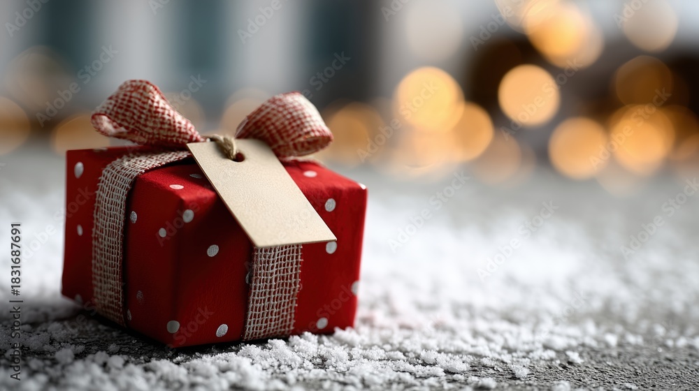 Obraz premium Cadeau de Noël rouge à pois blancs avec ruban sur surface enneigée