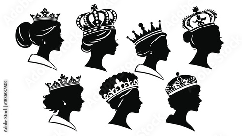 Vector illustration silhouette collection of seven diverse female profiles wearing various ornate royal crowns
