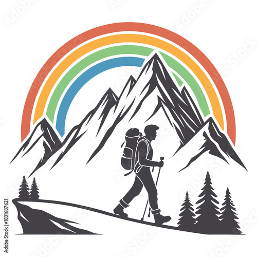 Vector illustration a stylized, slightly blurry illustration of a figure standing under a faint, colorful rainbow arching over a simple landscape
