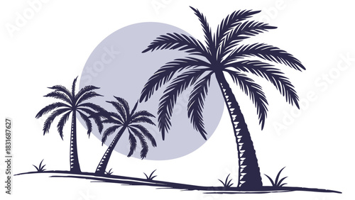 Vector illustration stylized silhouette illustration of three palm trees against a large circular moon or sun