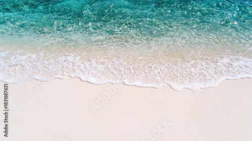 Fototapeta Naklejka Na Ścianę i Meble -  Crystal ocean water white sand pristine beach minimal shoreline turquoise sea aerial view gentle
