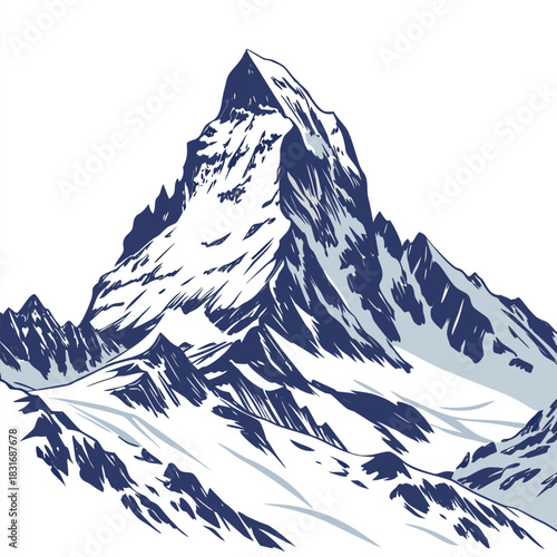 Vector illustration stylized illustration of a majestic, snowcovered mountain peak with sharp ridges and deep blue shadows