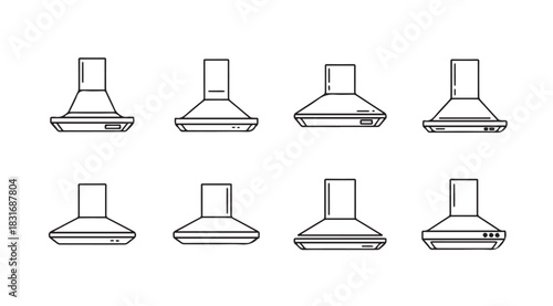Collection of eight different kitchen range hood silhouettes in a clean line art style