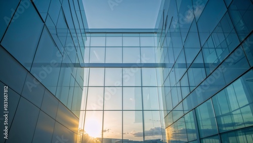 Modern architectural glass facade with a view of the sky and the setting sun