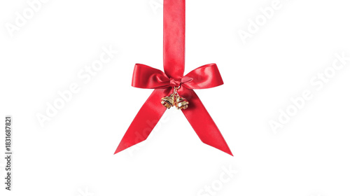 Festive Red Ribbon With A Tied Bow And Golden Jingle Bells Against A Clean Minimalist White
