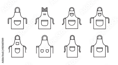 Collection of eight different styles of chef and kitchen aprons in a simple line drawing silhouette