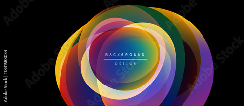 Abstract colorful layers form circular design. Vibrant hues blend, creating dynamic visual impact. Text reads background design.