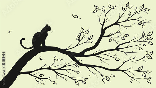 Vector illustration silhouette of a cat perched on a stylized tree branch with sparse leaves blowing in the wind