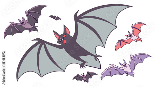 Vector illustration a collection of cartoon bats flying with large wings spread out against a