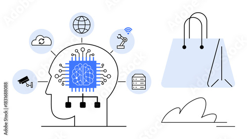 Human head with AI brain, tech icons thumbs up cloud, robotics, and global network with shopping bag. Ideal for AI, retail, innovation, automation, data analysis technology trends simple flat