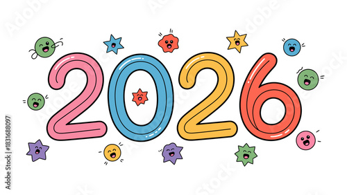 The Year 2026: An illustration showcases the vibrant number 2026, surrounded by playful, colorful characters. The image likely signifies a concept related to the future, optimism.