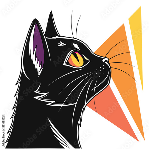 Vector illustration stylized illustration of a black cat head in profile with striking yellow eyes against a geometric orange and yellow background