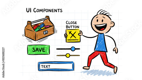Happy stick figure cartoon creating and arranging various user interface elements like buttons, sliders, and text fields, symbolizing UI/UX design and development